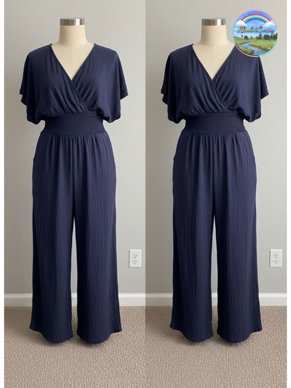 Women's One Piece Wide Leg Jumpsuit V-Neck Batwing Sleeve Lightweight
